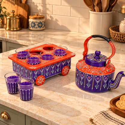 Handpainted Tea Kettle & Glass Set for Festive Decor