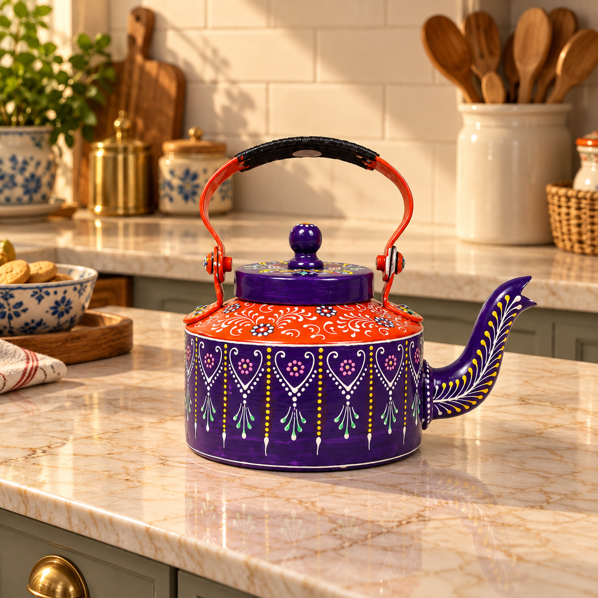 Handpainted Tea Kettle & Glass Set for Festive Decor