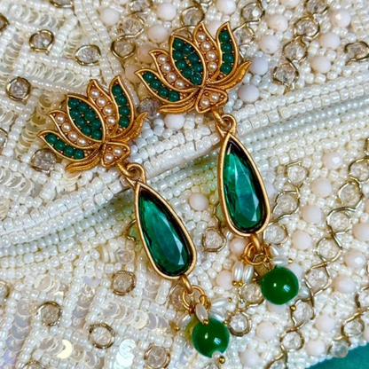 Elegant Lotus Drop Earrings with Green Crystal & Pearl Detailing