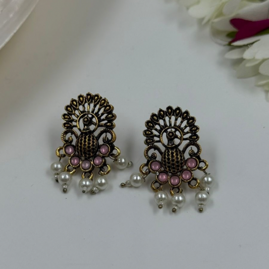 Antique Peacock Design Earrings with Pink Stone & Pearl Drops