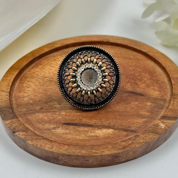 Vintage Oxidised Mirror Mandala Adjustable Ring