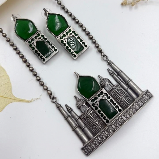 Oxidised Taj Mahal Necklace Set with Emerald Green Accents