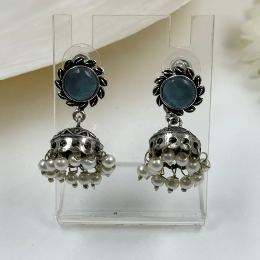 Chic Oxidized Silver Jhumka Earrings with Grey Stone & Pearl Drops