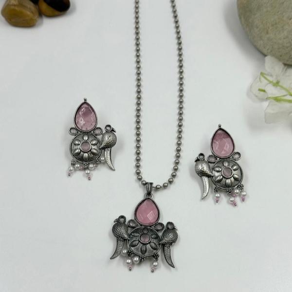 Vintage Oxidised Silver Necklace Set with Pink Stone & Bird Motif