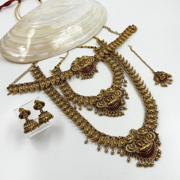 South Indian Bridal Set in Antique Finish with Full Temple Jewelry