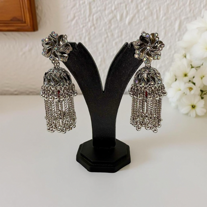 Celestial Chime Silver Jhumka- Earrings