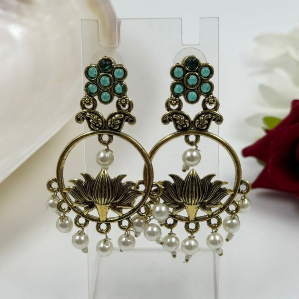 Antique Finish & Mint Stone Lotus Hoop Earrings