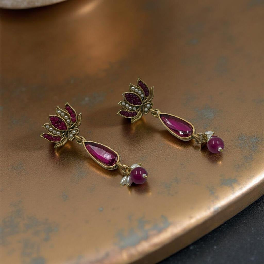 Boho Bloom Lotus Earrings – Ruby Stones with a Vintage Soul