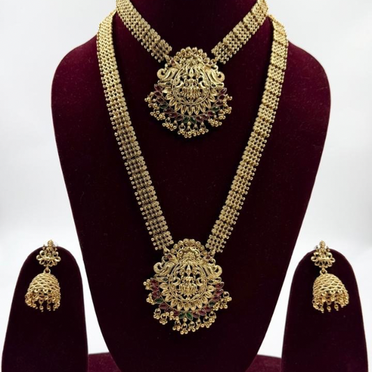 Regal Radiance Temple Set – Lakshmi Pendant Necklace with Ruby Emerald Beads