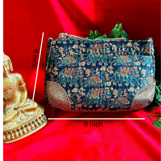 Elephant and peacock motif blue stylish handbag