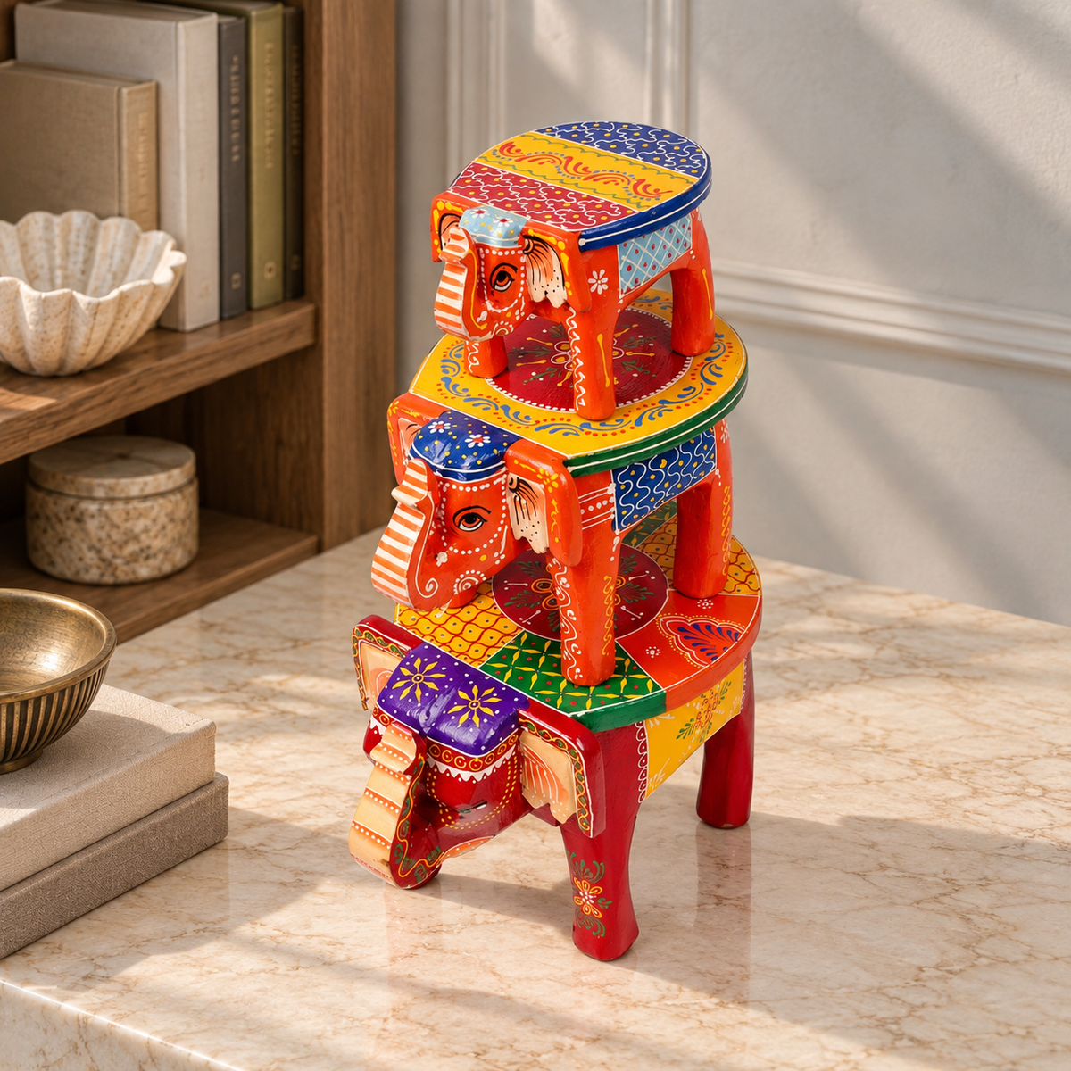 Rajasthani Wooden Elephant Stools - Set of 3