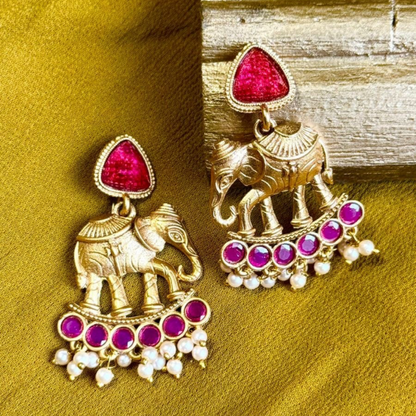 Antique Gold Elephant Motif Earrings with Ruby Stones & Pearl Drops