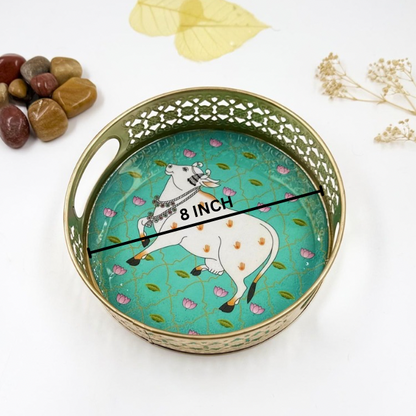 Lotus Serenity: Enchanting Turquoise Cow Tray Set