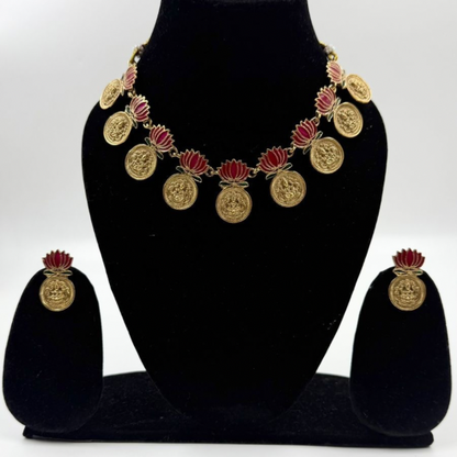 Heritage Lotus Coin Necklace Set in Antique Gold