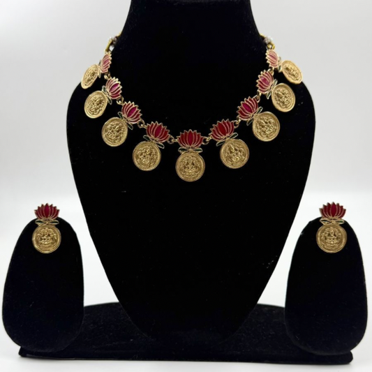 Heritage Lotus Coin Necklace Set in Antique Gold