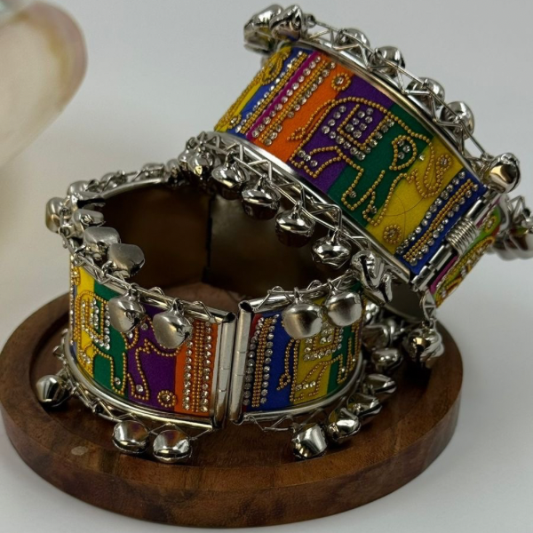 Colourful Elephant Oxidized Silver Kada Bangles (Set of 2)