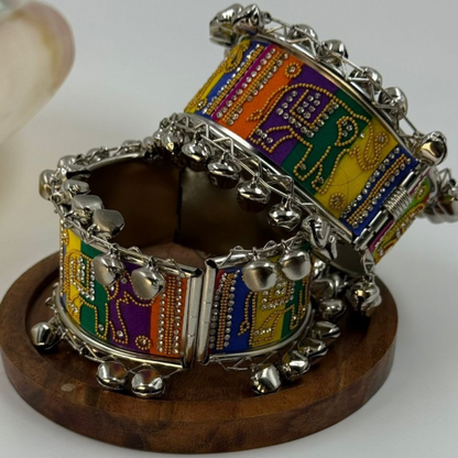 Colourful Elephant Oxidized Silver Kada Bangles (Set of 2)