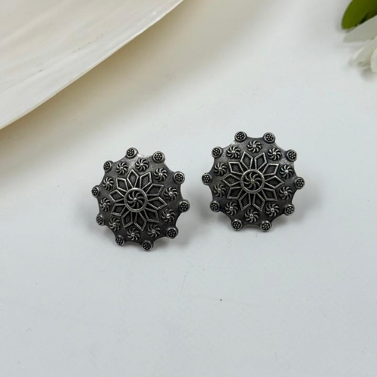 Boho Chic Oxidized Silver Mandala Flower Stud Earrings