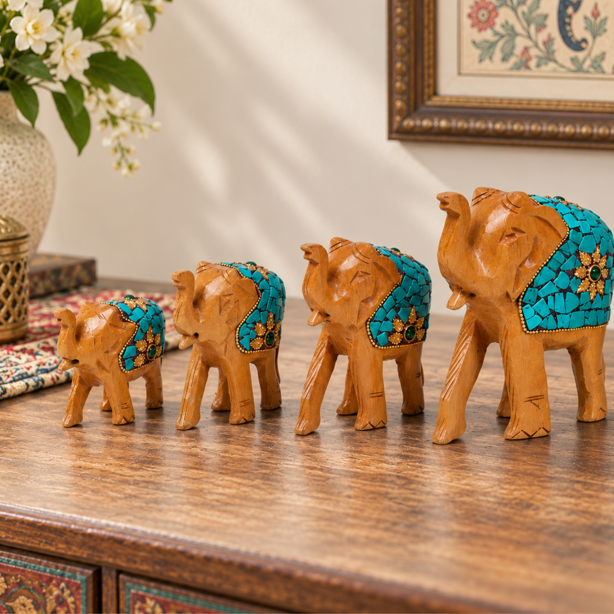 Wooden Elephants Set of 4 for Rajasthani Decor