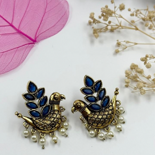 Heritage Parrot Oxidized Earrings (Deep Luxurious Blue)