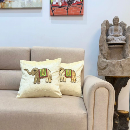 Vibrant Elephant Embroidered Cream Cushion Covers