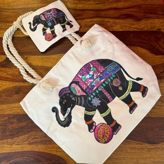 Boho Elephant Canvas Tote Bag Set