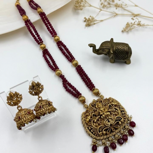 Long Traditional Temple Necklace Set 1 - Red Ruby beaded