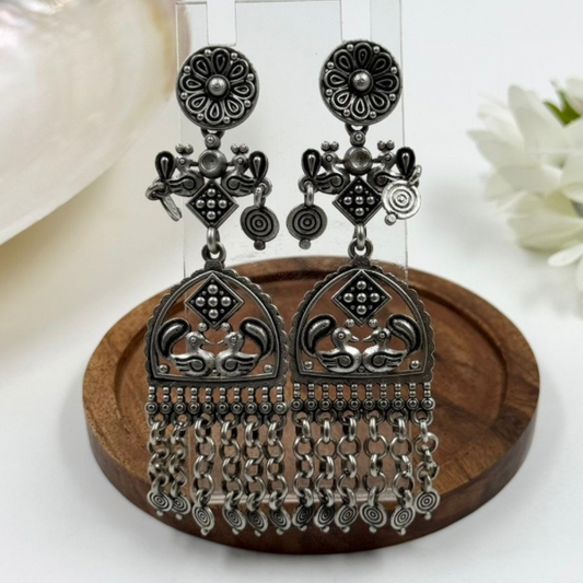 Ancient Peacock Chain Drop Oxidized Earrings