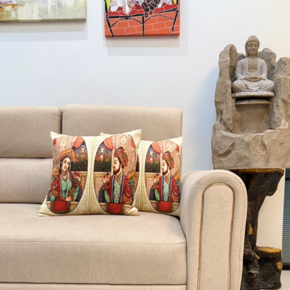 Mughal Majesty: Royal Couple Oval Cushion Covers