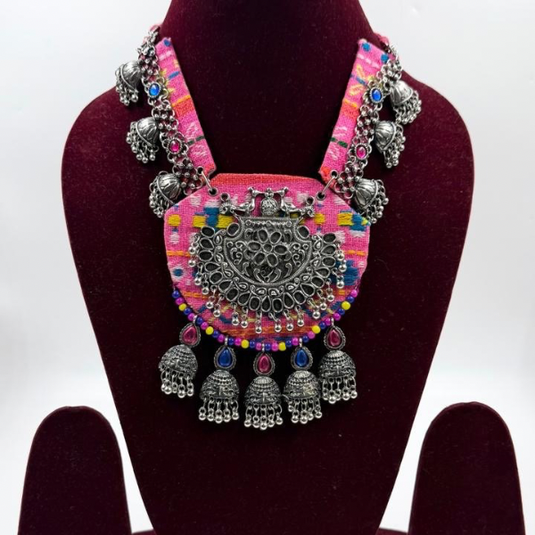 Vibrant Pink Boho Silver Tribal Necklace