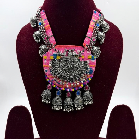 Vibrant Pink Boho Silver Tribal Necklace