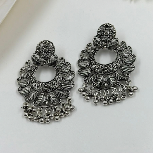 Bohemian Leaves Chandbalis: Oxidized Silver Dangle Earrings