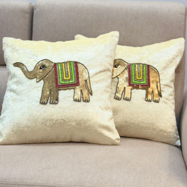 Vibrant Elephant Embroidered Cream Cushion Covers