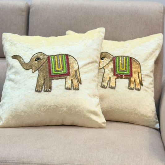 Vibrant Elephant Embroidered Cream Cushion Covers