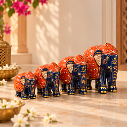 Blue & Orange Colour Royal Elephant Family Set of 4