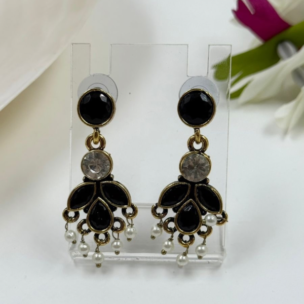 Gothic Glam Black Stone & Pearl Drop Earrings