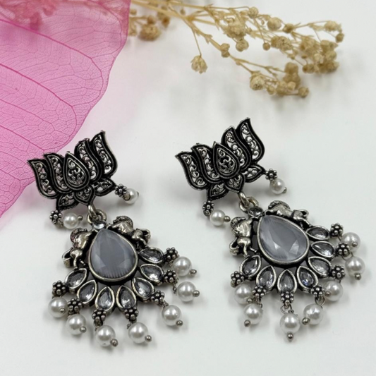 Elegant Oxidized Earrings with Lotus Motif and Dangling Pearls