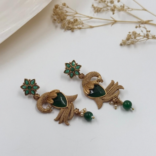 Ethnic Fusion Peacock Earrings - Green Gem Detailing