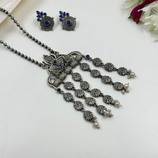 Oxidized Silver & Blue Floral Necklace Set