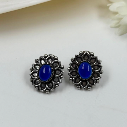 Oxidized Silver-Plated Royal Blue Stone Stud Earrings