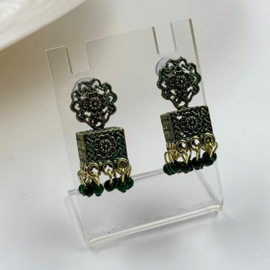 Boho Glam Green Jhumka Earrings