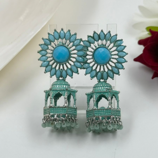 Aqua Blue Temple Jhumka Earrings