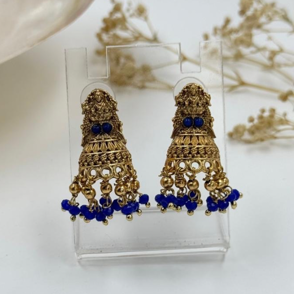 Temple Glow Gold Jhumkas – Royal Blue Beaded Heritage Earrings