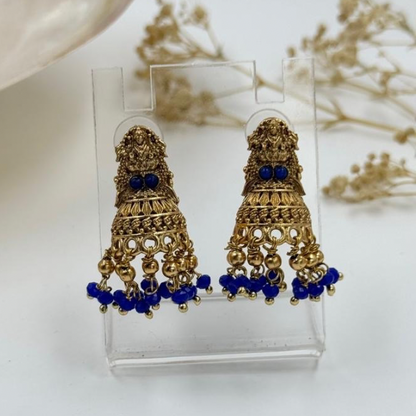 Temple Glow Gold Jhumkas – Royal Blue Beaded Heritage Earrings