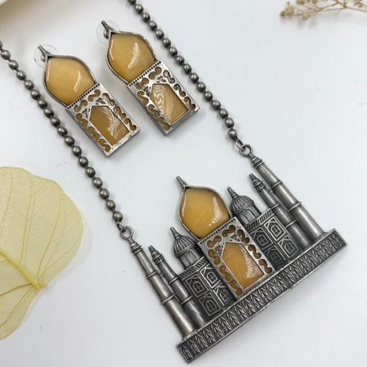 Taj Mahal Inspired Oxidised Silver Necklace Set with Yellow Stone
