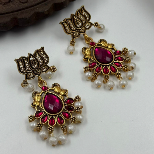 Gulaabi Lotus Pearl Drop Earrings