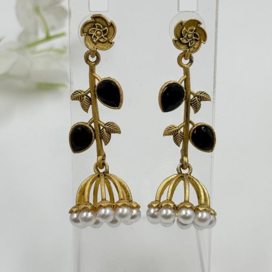 Floral Vine Antique Gold Earrings with Pearls