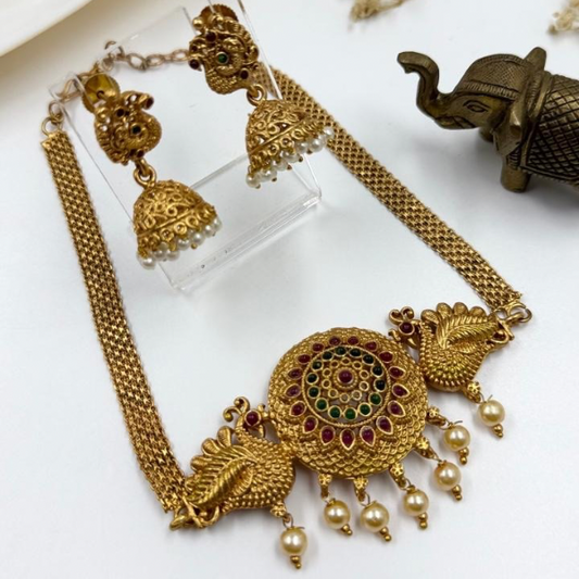 Peacock Choker Set with Matte Gold Finish & Pearl Jhumkas