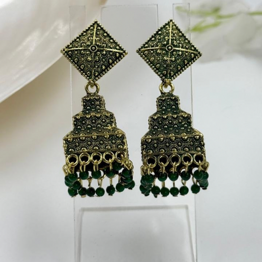 Vintage Green Grace Oxidised Jhumka Earrings