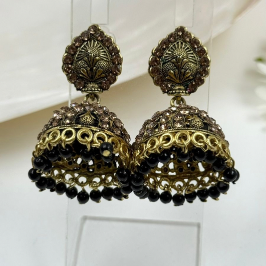 Antique Gold & Black Beaded Temple Jhumka Earrings with Crystal Accents